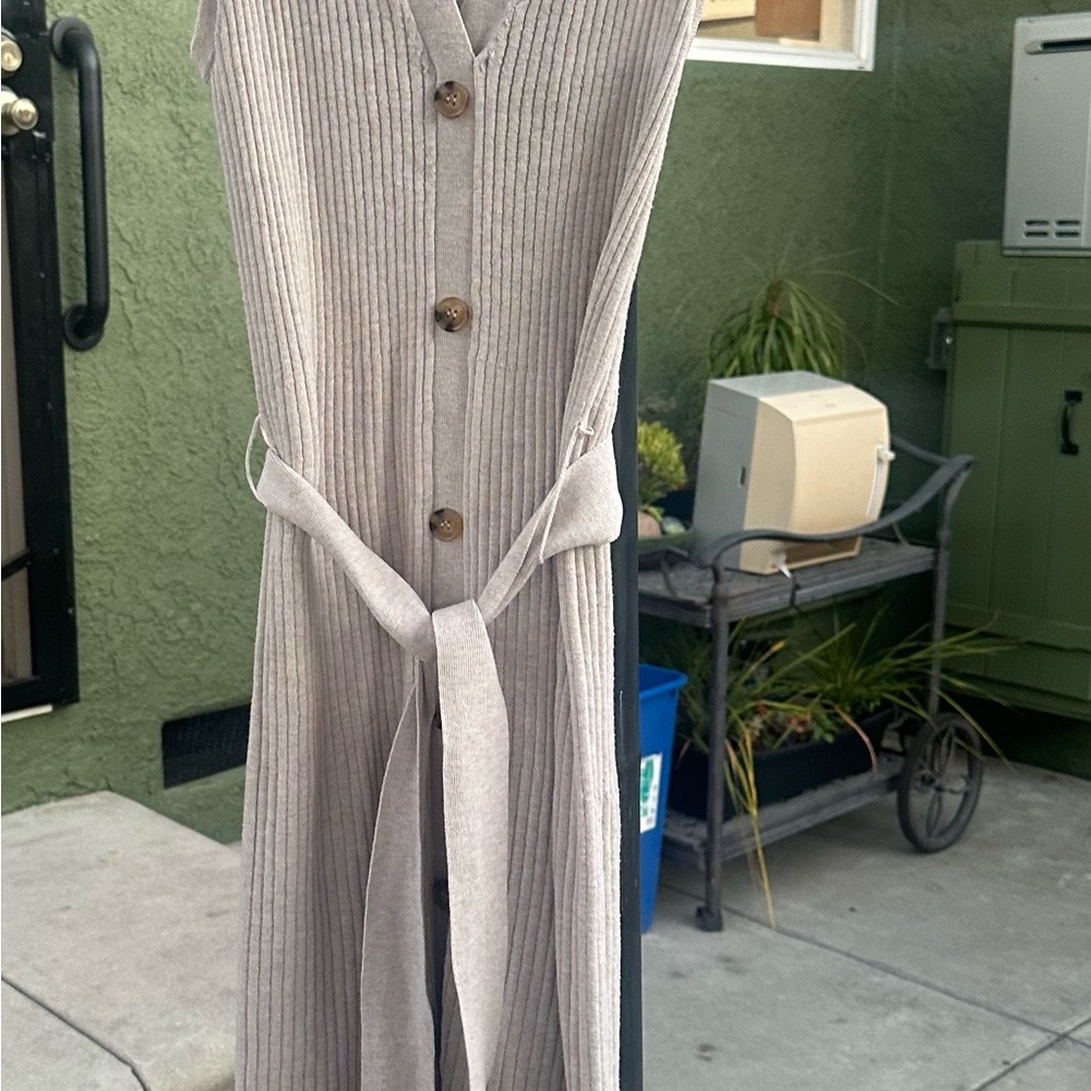 Magaschoni Beige Sleeveless Ribbed Knit Jumpsuit with Waist Tie